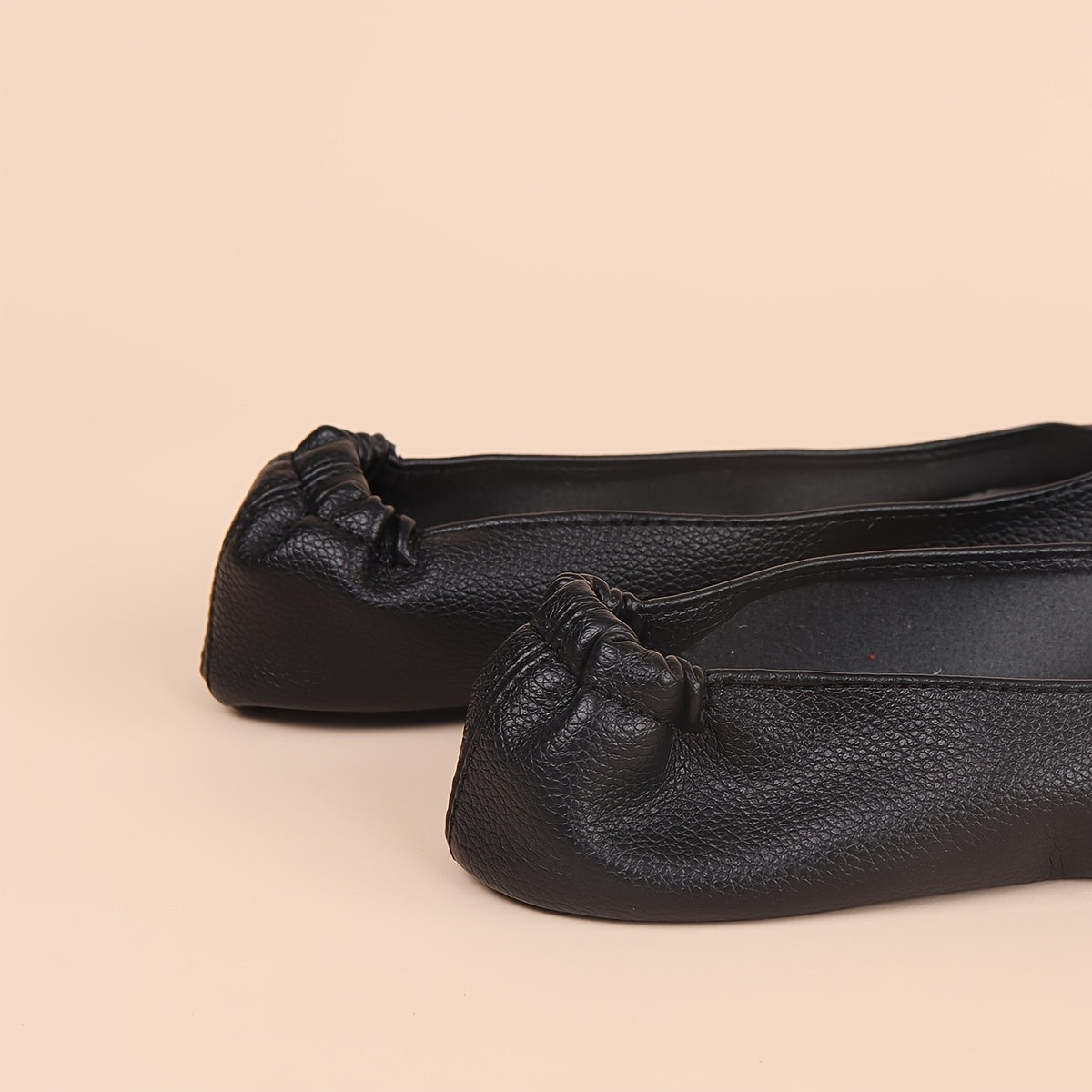 Women's Classic Black & Nude Slip-On Ballet Flats - Soft, Comfortable Faux Leather with Lychee Texture, Lightweight, Foldable Design for All Seasons