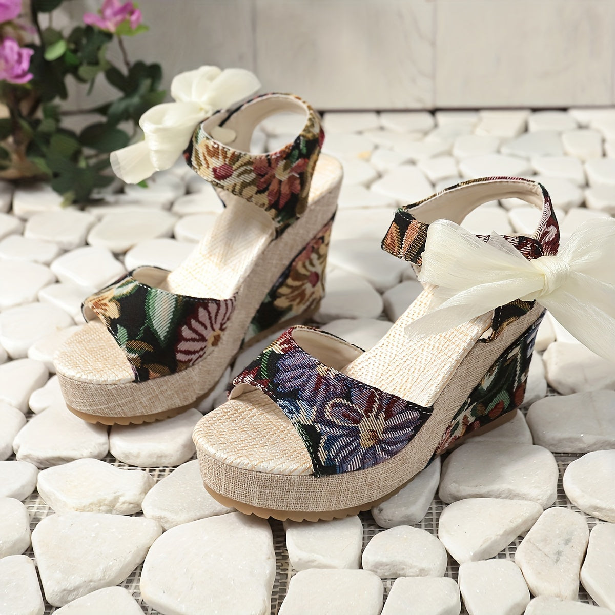 Vibrant Floral Print Wedge Sandals - Chic Peep-Toe Design, Adjustable Bow Ankle Strap with Slingback Closure, Sturdy Platform Heel - Perfect for Womens Casual Outings, Versatile and Easy to Match with Various Outfits, Ideal for Outdoor Events or Social G