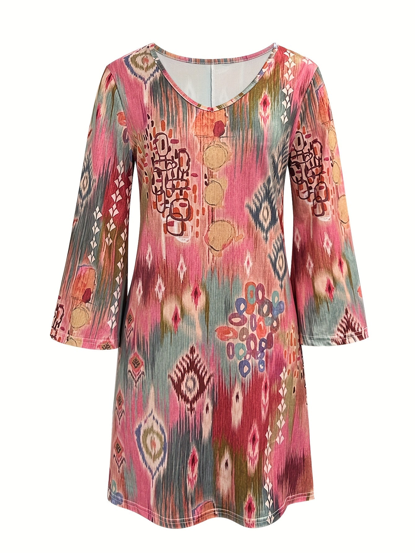 Elegant Floral Print V-Neck Dress for Women - Casual & Versatile, Perfect for Fall/Winter, Machine Washable