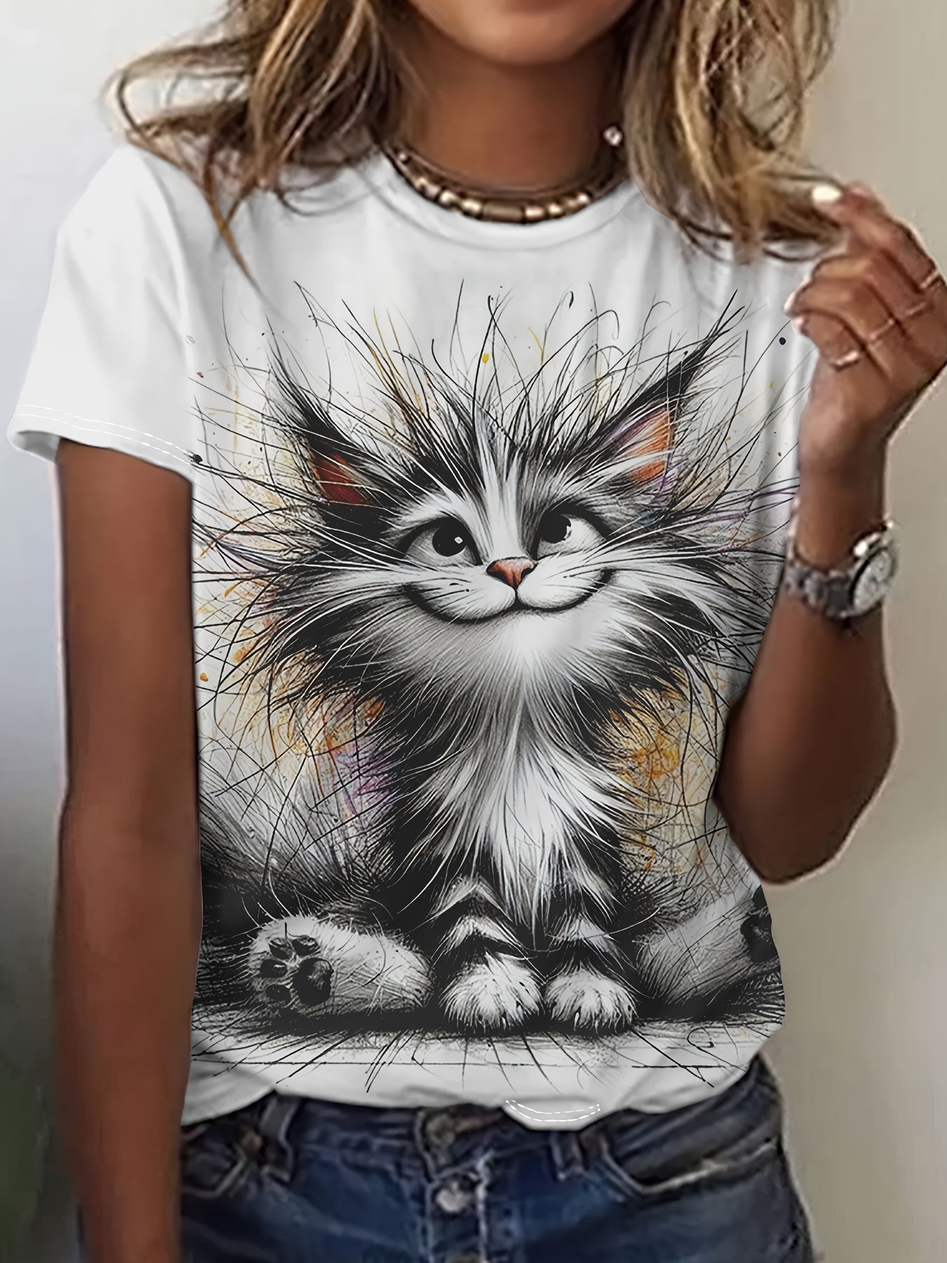 Fuzzy Cat Print Crew Neck T-shirt, Short Sleeve Casual Top For Summer & Spring, Women's Clothing