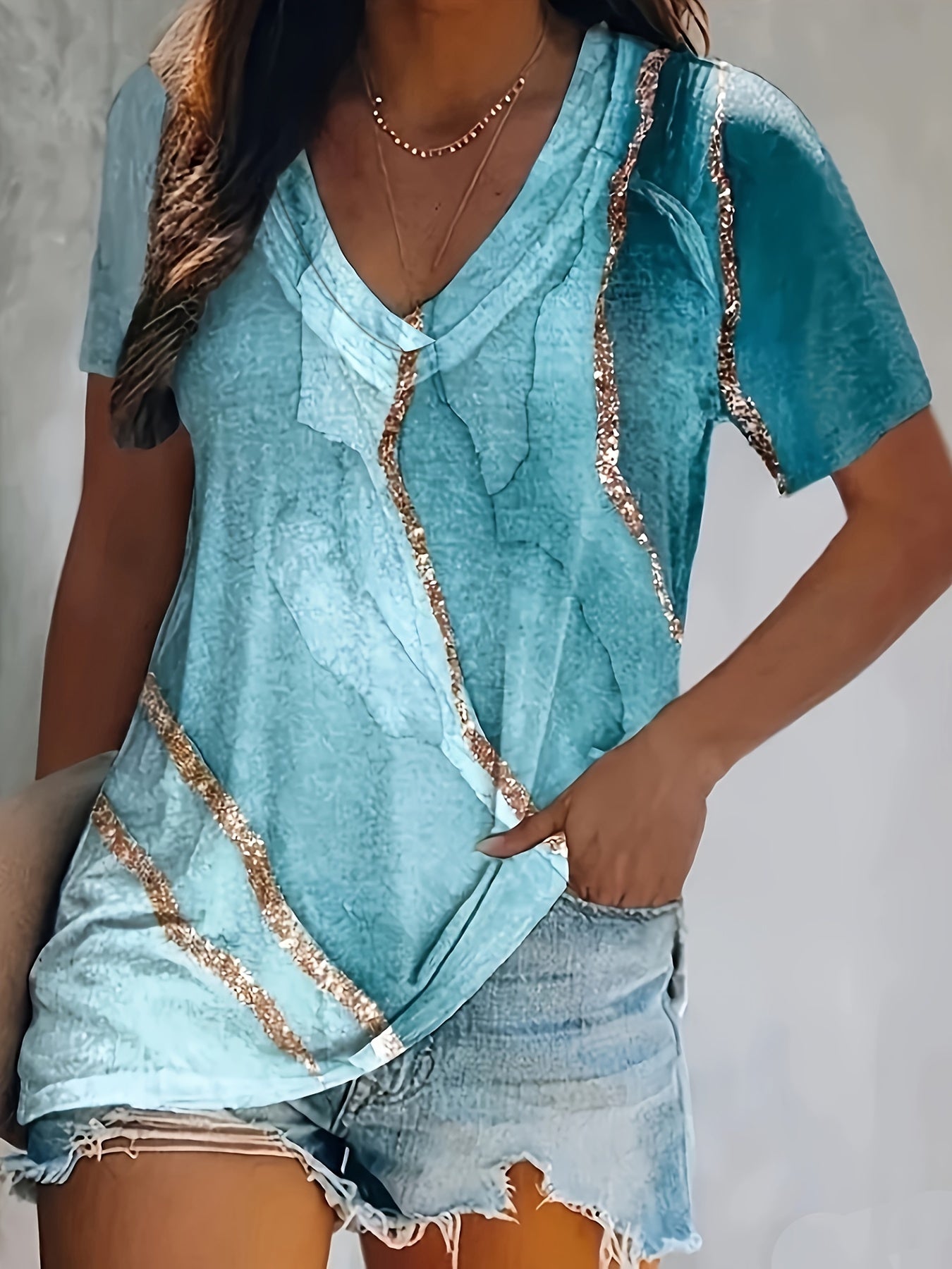 Marble Print V Neck T-shirt, Casual Short Sleeve Top For Spring & Summer, Women's Clothing