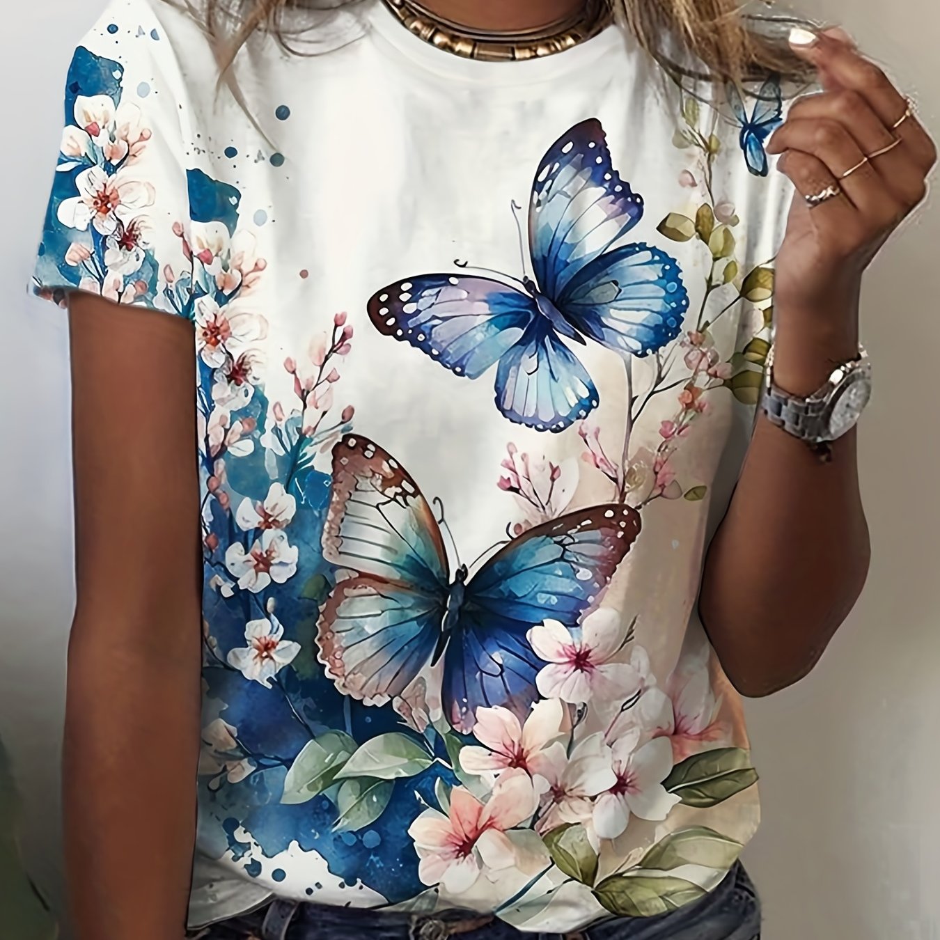 Butterfly & Flower Print Relaxed Fit Crew Neck Short Sleeve T-Shirt - Soft Medium Stretch Polyester Fabric, Casual Summer Top with Positioning Printing - Womens Regular Length Clothing for Spring & Summer