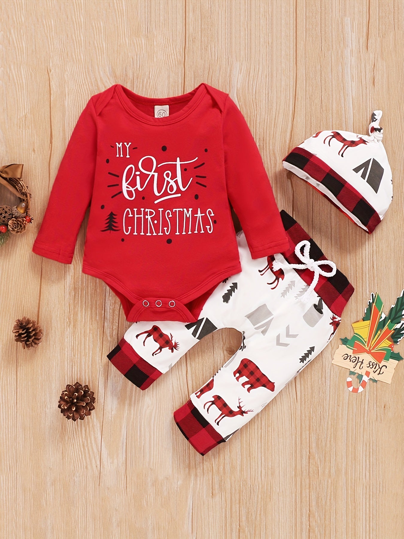 Baby Boy's Cute Christmas Outfit, Letter Print Infant Romper & Elk Cartoon Graphic Pants & Hat Set