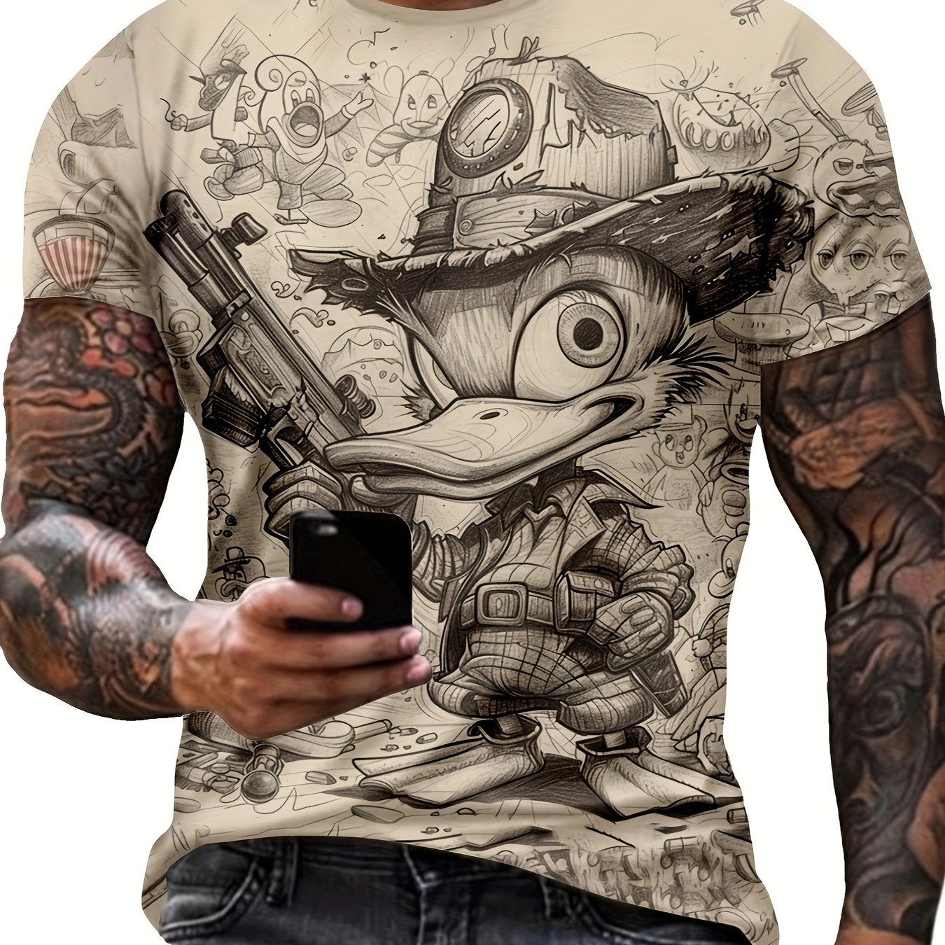 Men's Fashionable Duck Graphic Print T-Shirt - Soft Short Sleeve Crew Neck Tee with Relaxed Fit for Comfortable Summer Outdoor Activities - Perfect Men's Clothing for Casual Events and Travel