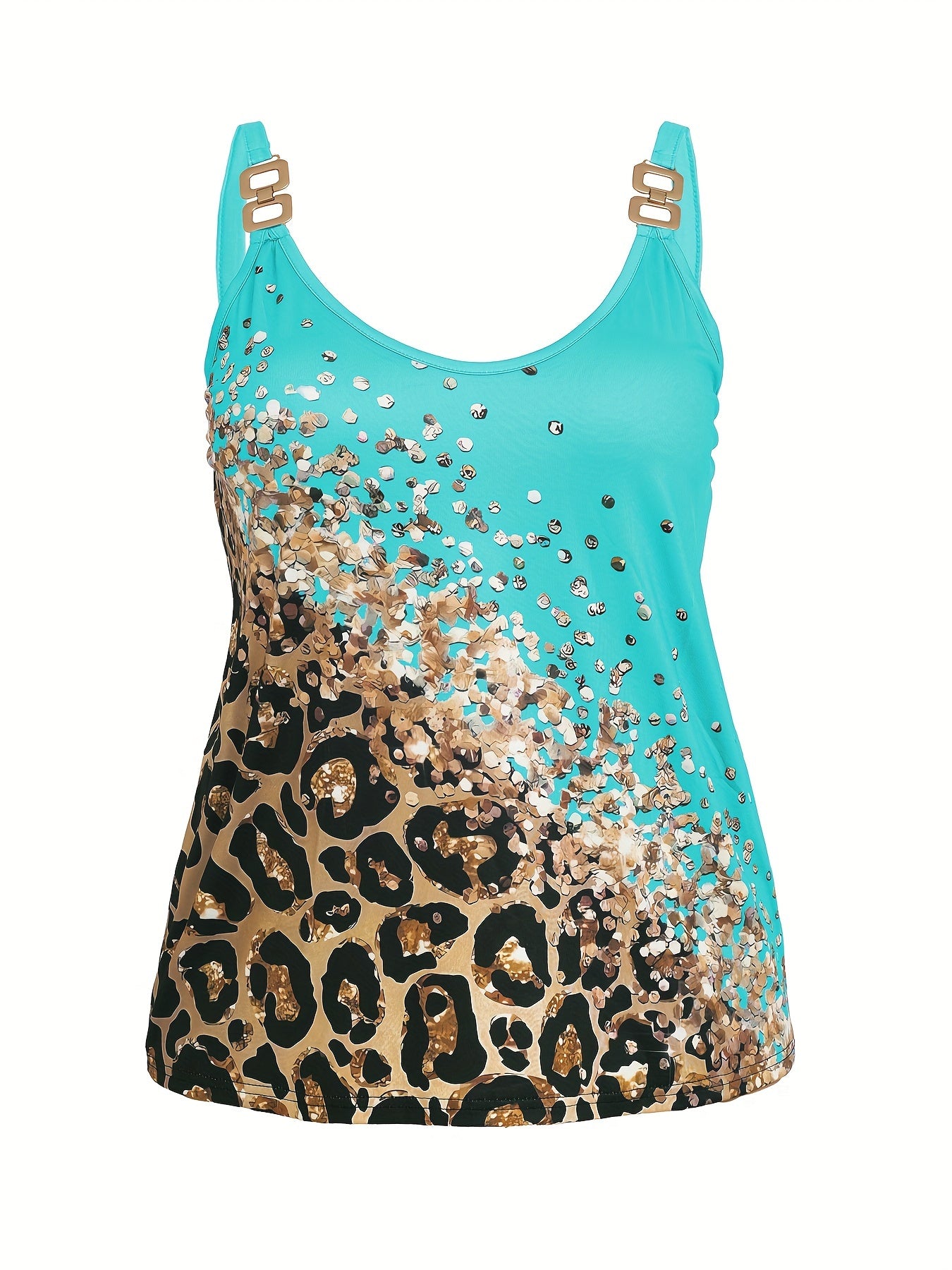 Plus Size Abstract Print Chain Detail Cami Top, Casual Crew Neck Sleeveless Top For Summer, Women's Plus Size Clothing