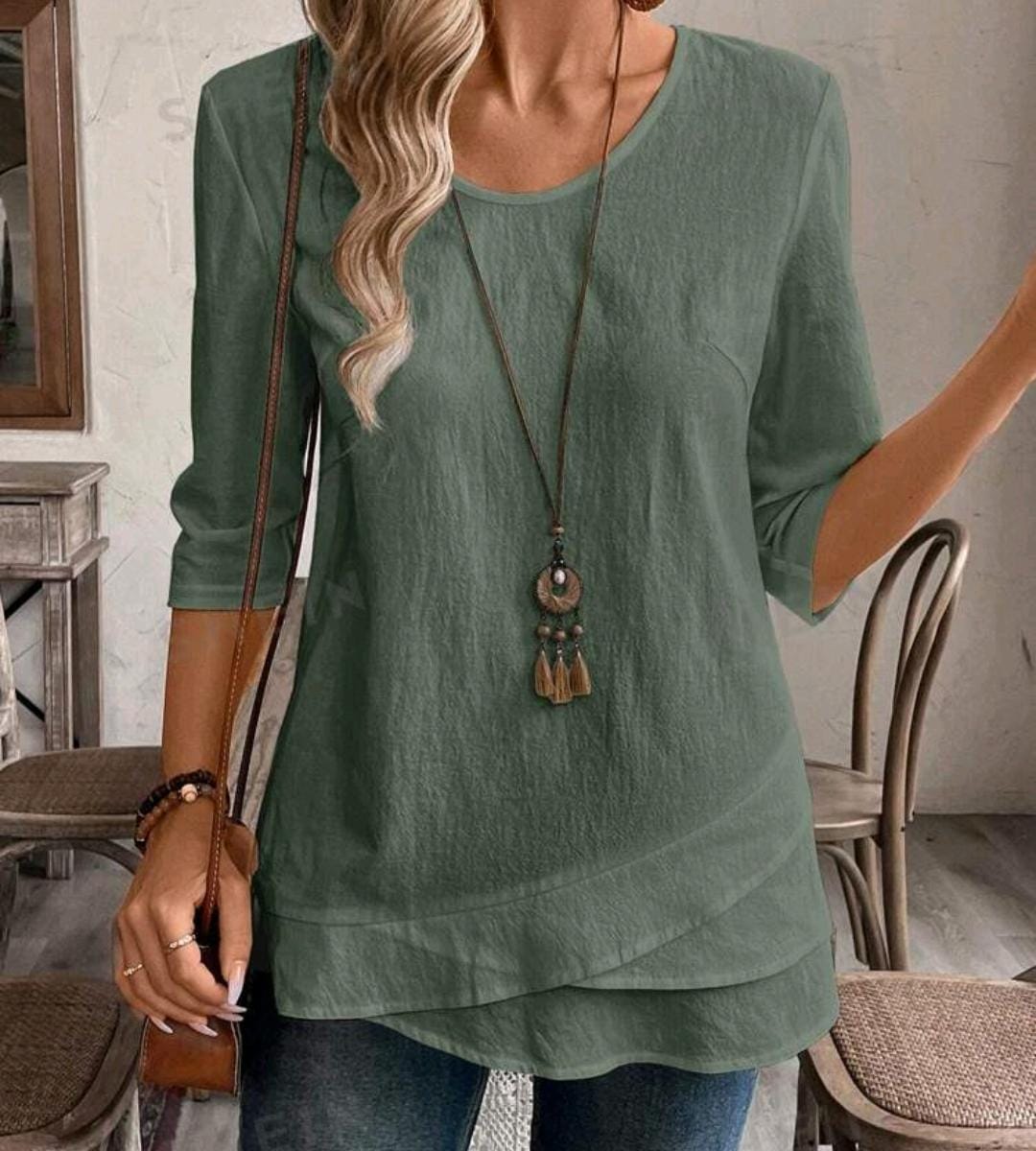 Women 100% Cotton Crew Neck 3/4 Sleeve Blouse