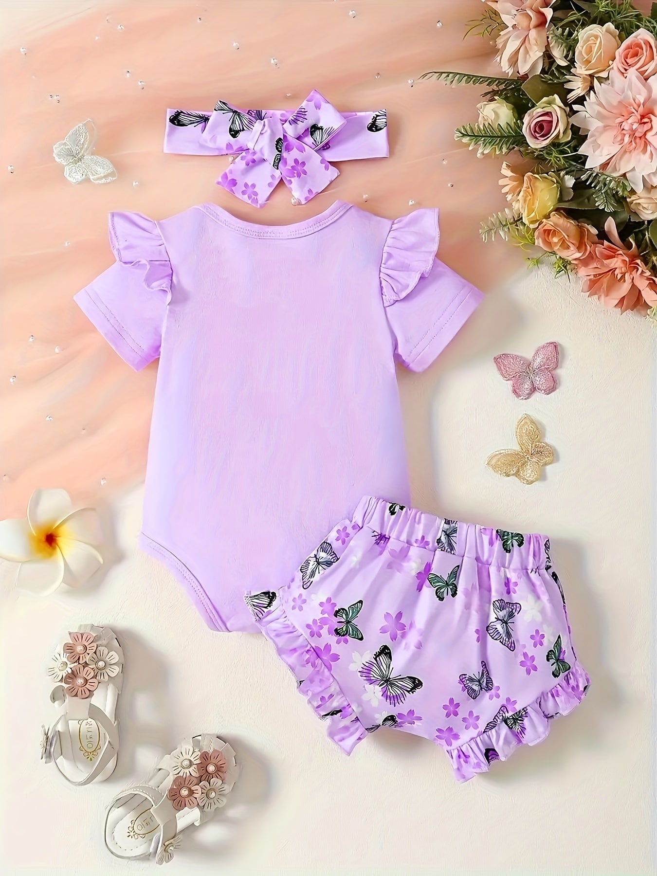 2pcs Baby's Bowknot Decor Butterfly Print Shorts & Hairband & Ruffled Bodysuit Set, Toddler & Infant Girl's Clothes For Summer Daily Wear, Outdoor Cloth