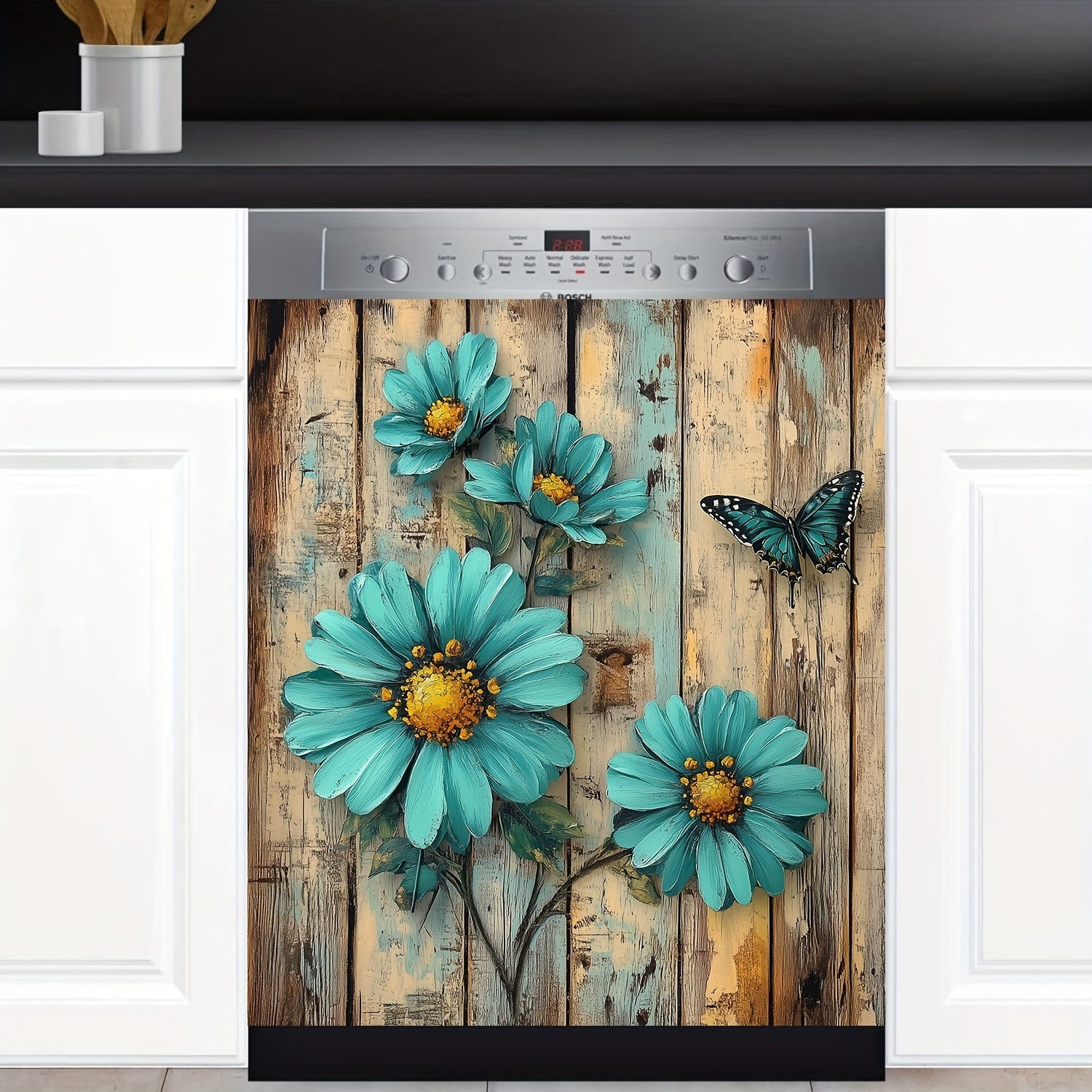 Modern Blue Floral & Butterfly Wall Decals - 2 Pack Vinyl Art Stickers for Bedroom, Living Room, Kitchen - Self-Adhesive, Detachable, Plastic Surface Ready, Semi-Gloss Finish Decor