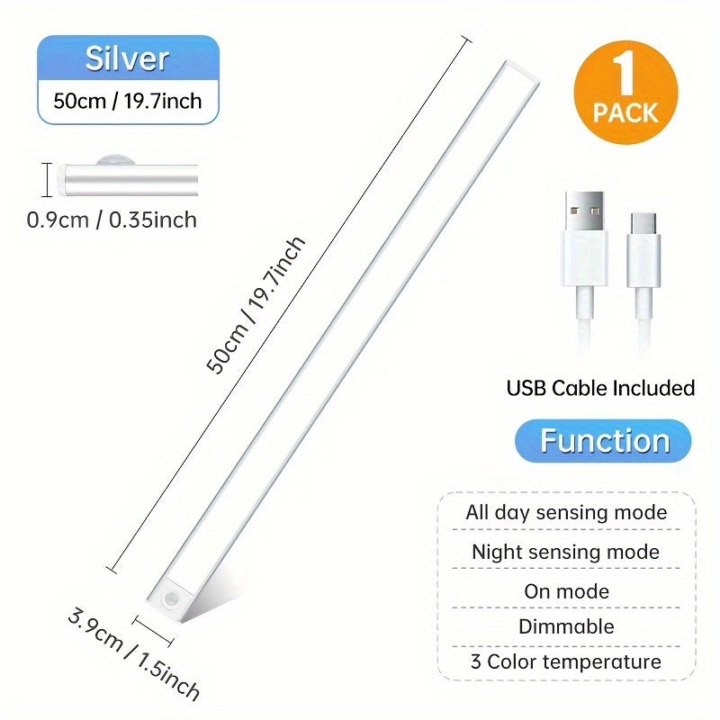 1pc Sleek Motion Sensor LED Cabinet Light - Wireless, Rechargeable with Magnetic Easy-Install, Adjustable Brightness, Waterproof IP20 - Ideal for Kitchen, Bedroom, Hallway & Staircase, Available in 19.81cm, 29.97cm, 15.7