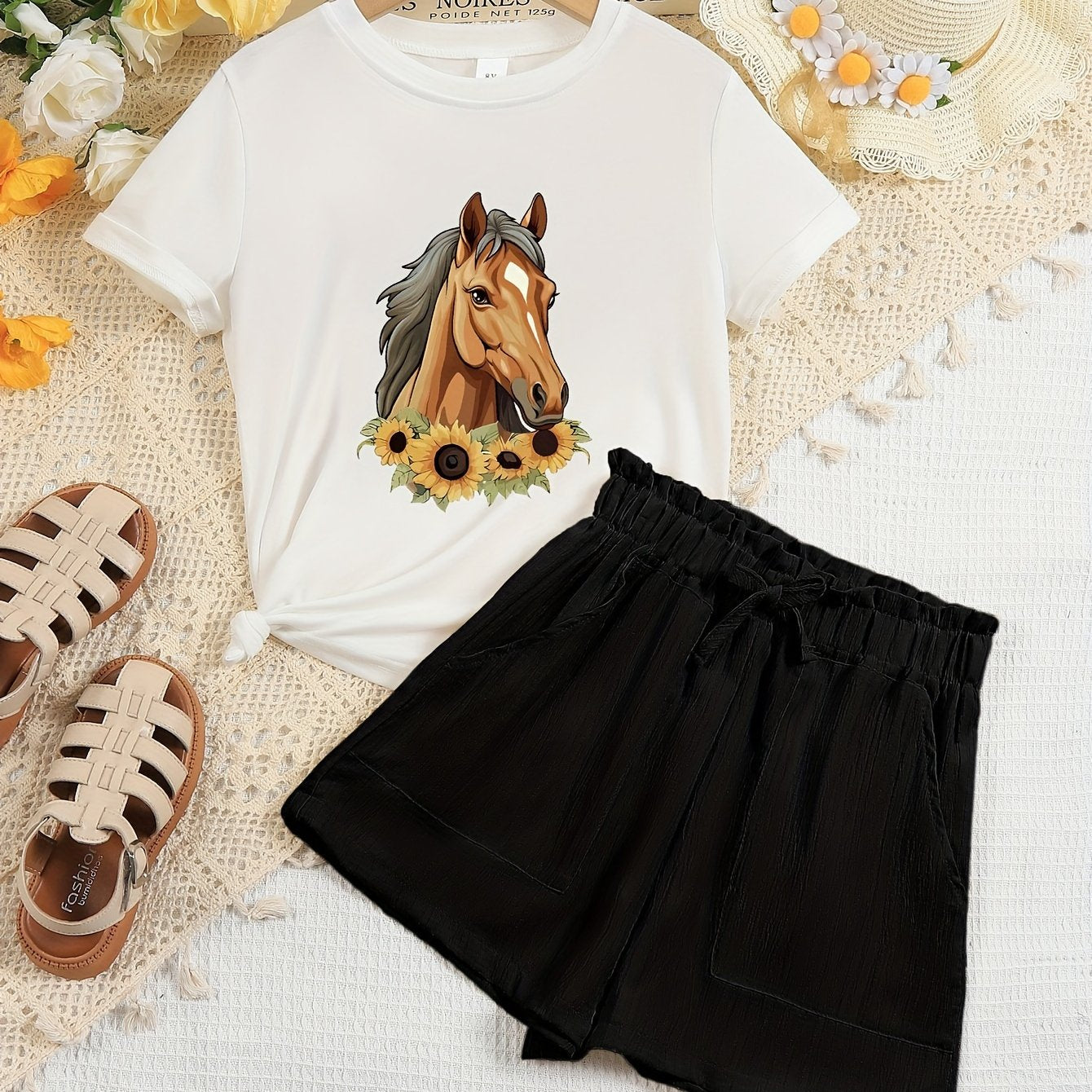 Pretty Horse And Sunflowers Graphic Print, Girl's 2pcs Casual Comfortable Versatile Short Sleeve Crew Neck T-shirt & Elastic Waistband Shorts Set, Comfy Summer Clothes