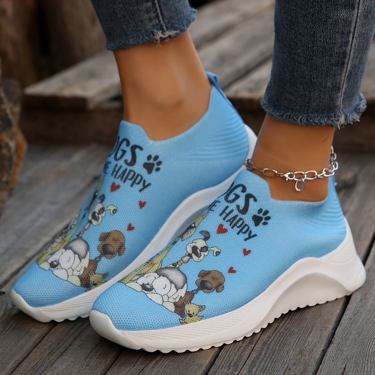 Womens Lightweight Dog Print Sock Sneakers - Breathable Walking Trainers with Soft Slip-On Design - Comfy, Flexible & Fashionable Outdoor Shoes for All-Day Comfort - Adorable Low Top Canine Prints