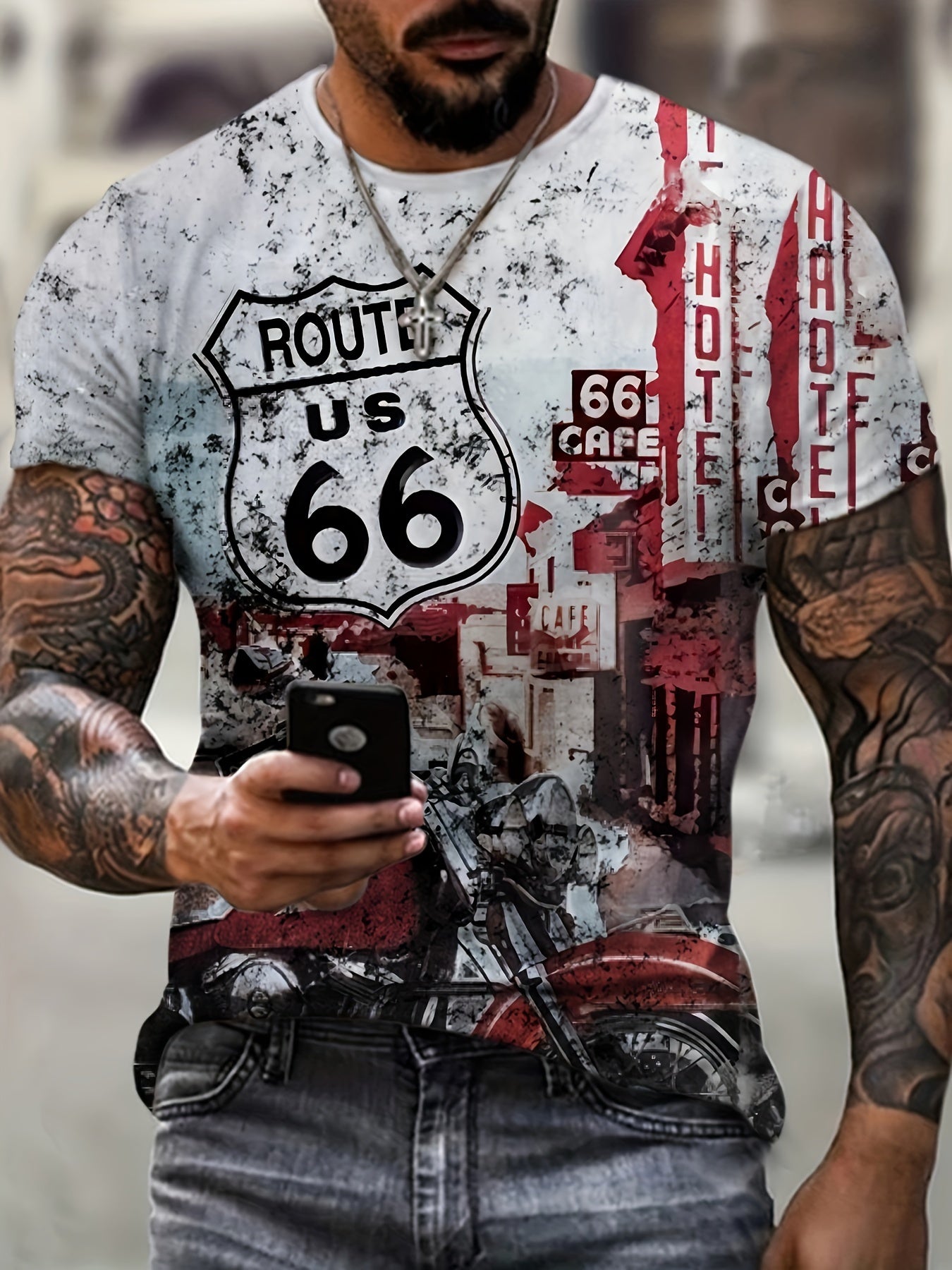 Fancy Motorcycle Print T-shirt, Men's Casual Comfy Crew Neck Tee, Trendy Short Sleeve Top For Summer Daily Wear