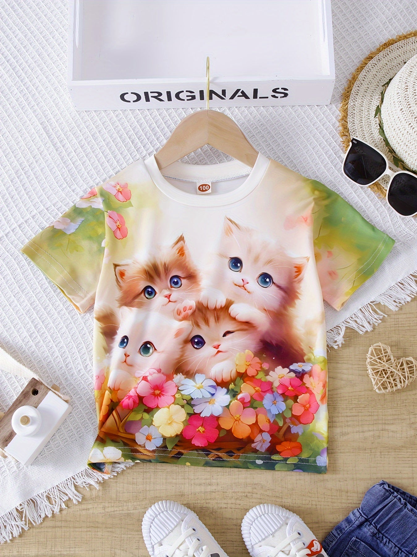 Cute 3D Kitties & Flower Print Short Sleeve T-shirt, Versatile Tees Summer Clothes