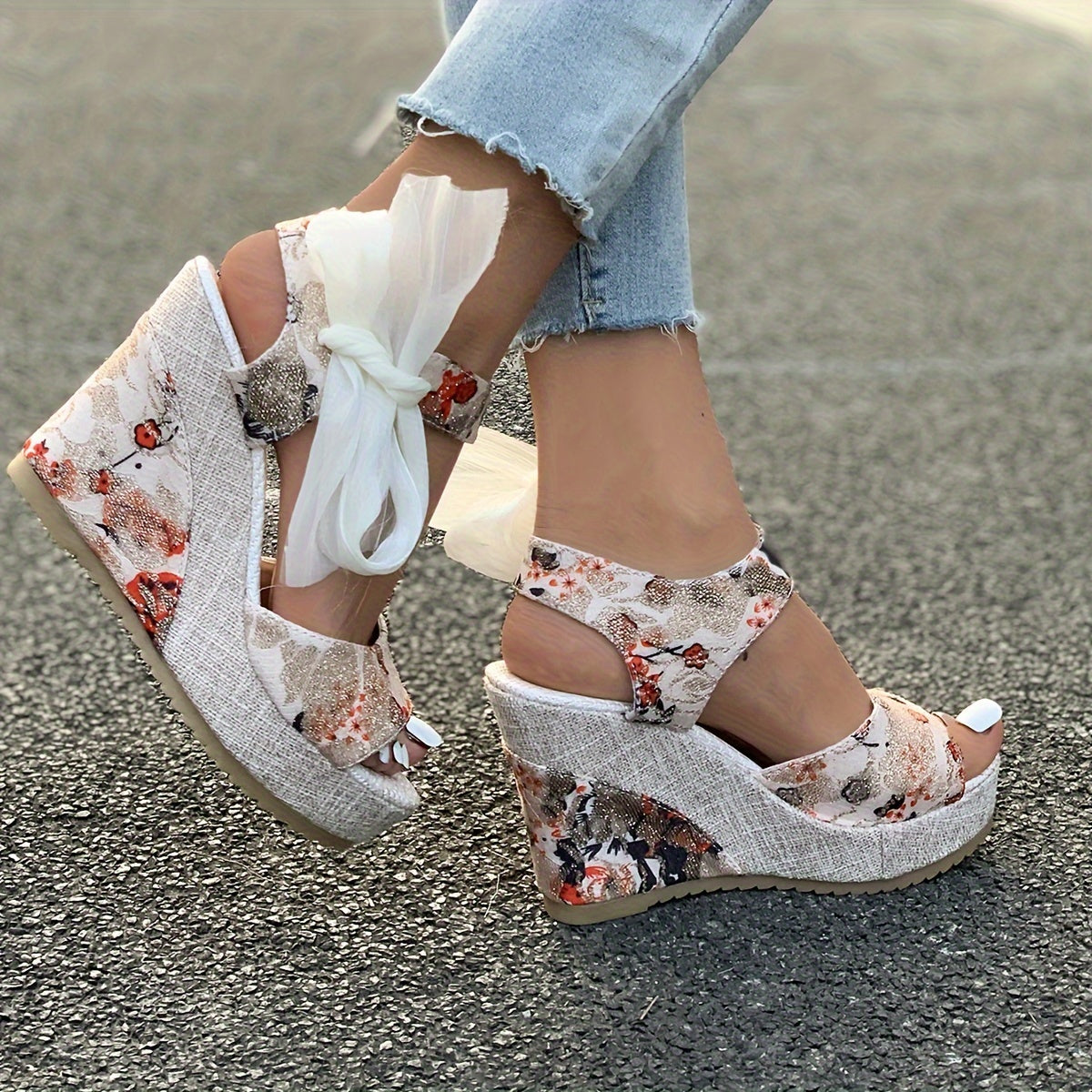 Vibrant Floral Print Wedge Sandals - Chic Peep-Toe Design, Adjustable Bow Ankle Strap with Slingback Closure, Sturdy Platform Heel - Perfect for Womens Casual Outings, Versatile and Easy to Match with Various Outfits, Ideal for Outdoor Events or Social G