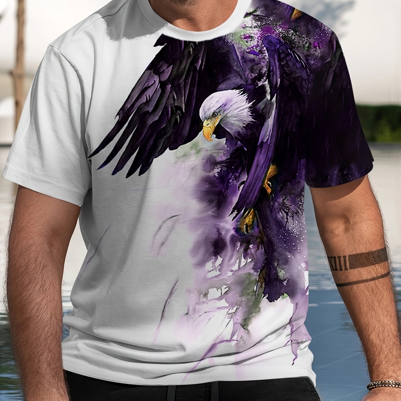 Men's 3D Eagle Print T-Shirt - Casual Round Neck, Short Sleeve, Summer Tee with Drawstring Detail