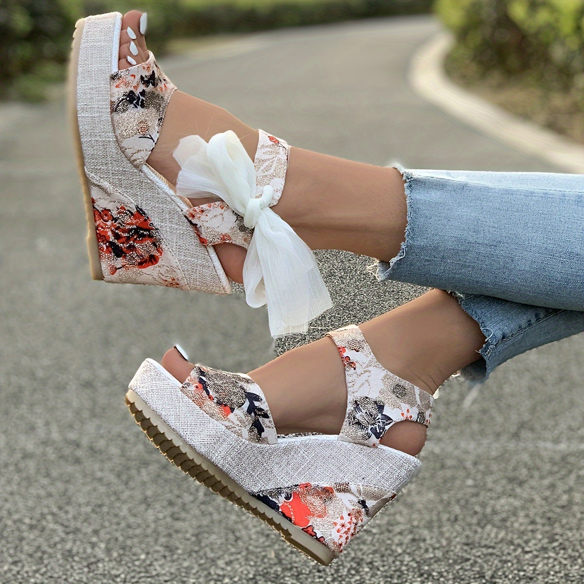 Vibrant Floral Print Wedge Sandals - Chic Peep-Toe Design, Adjustable Bow Ankle Strap with Slingback Closure, Sturdy Platform Heel - Perfect for Womens Casual Outings, Versatile and Easy to Match with Various Outfits, Ideal for Outdoor Events or Social G