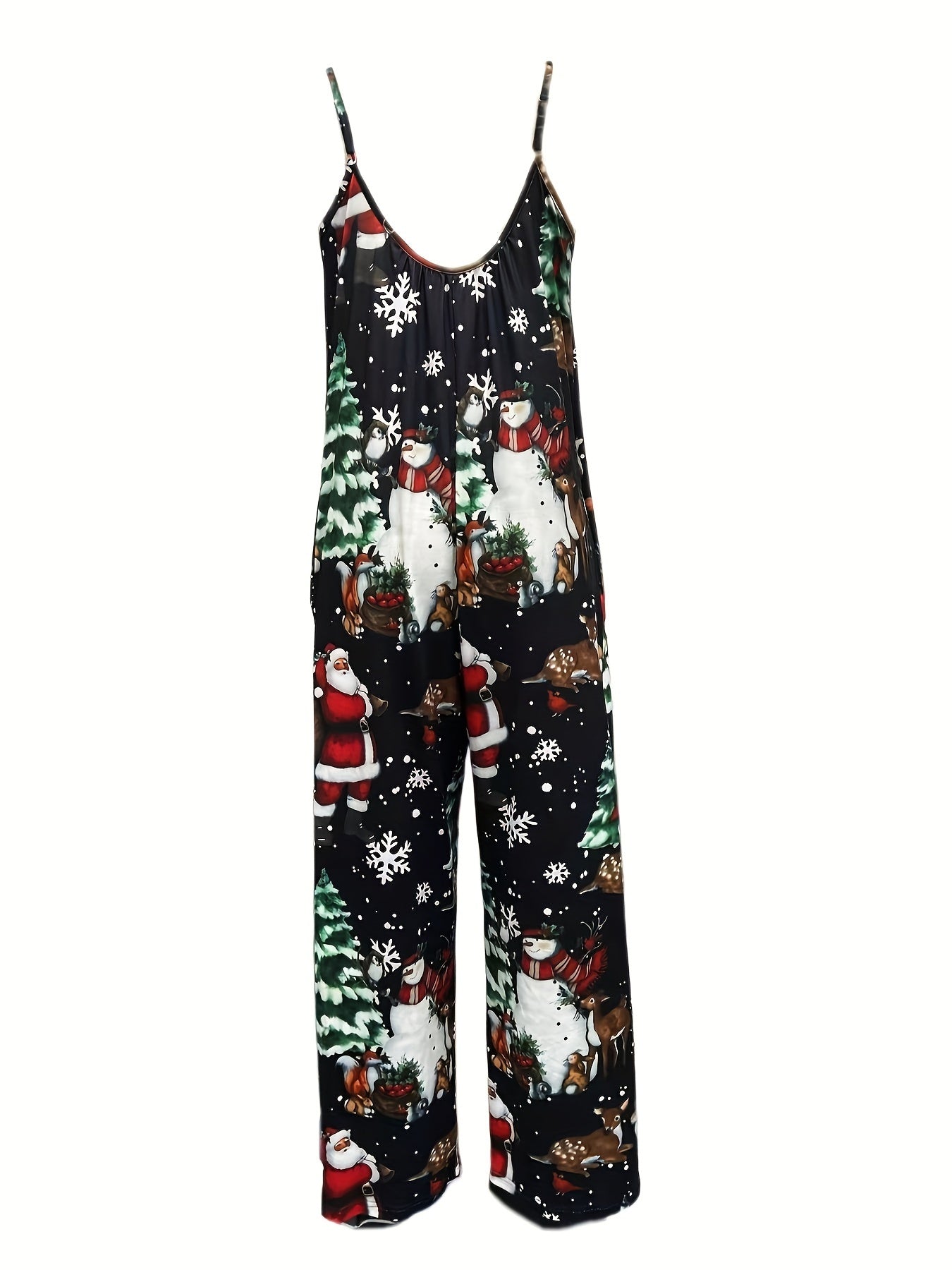 Women's Festive Christmas Jumpsuit with Santa & Reindeer Print, Wide-Leg Cami Style with Pockets - Machine Washable