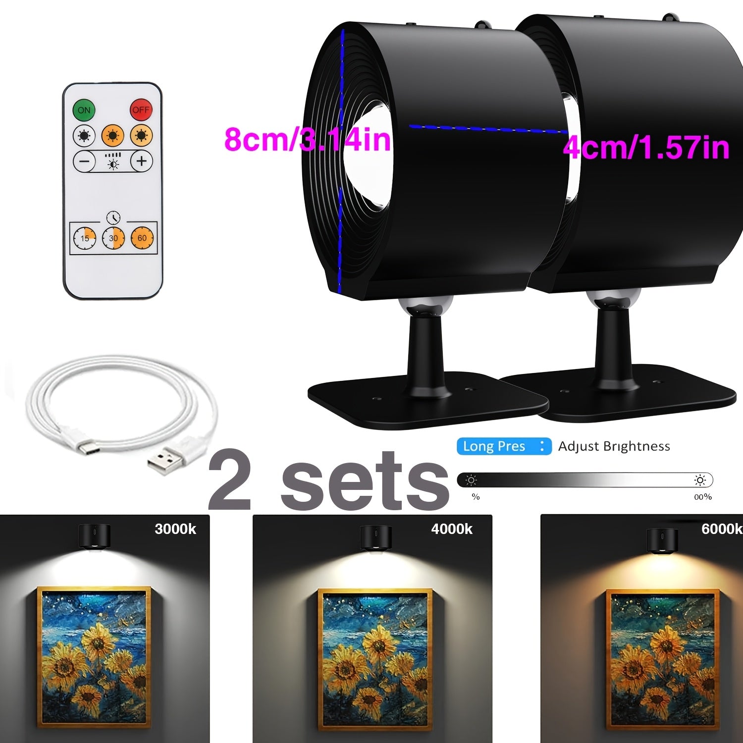 HBOWMDJIA LED Wall Sconces, USB Rechargeable 2000mAh Lithium Battery, 3 Adjustable Lighting Modes, 360° Rotatable Magnetic Head, Remote Controlled, with Plastic Shade, for Reading, Bedroom, Hallway