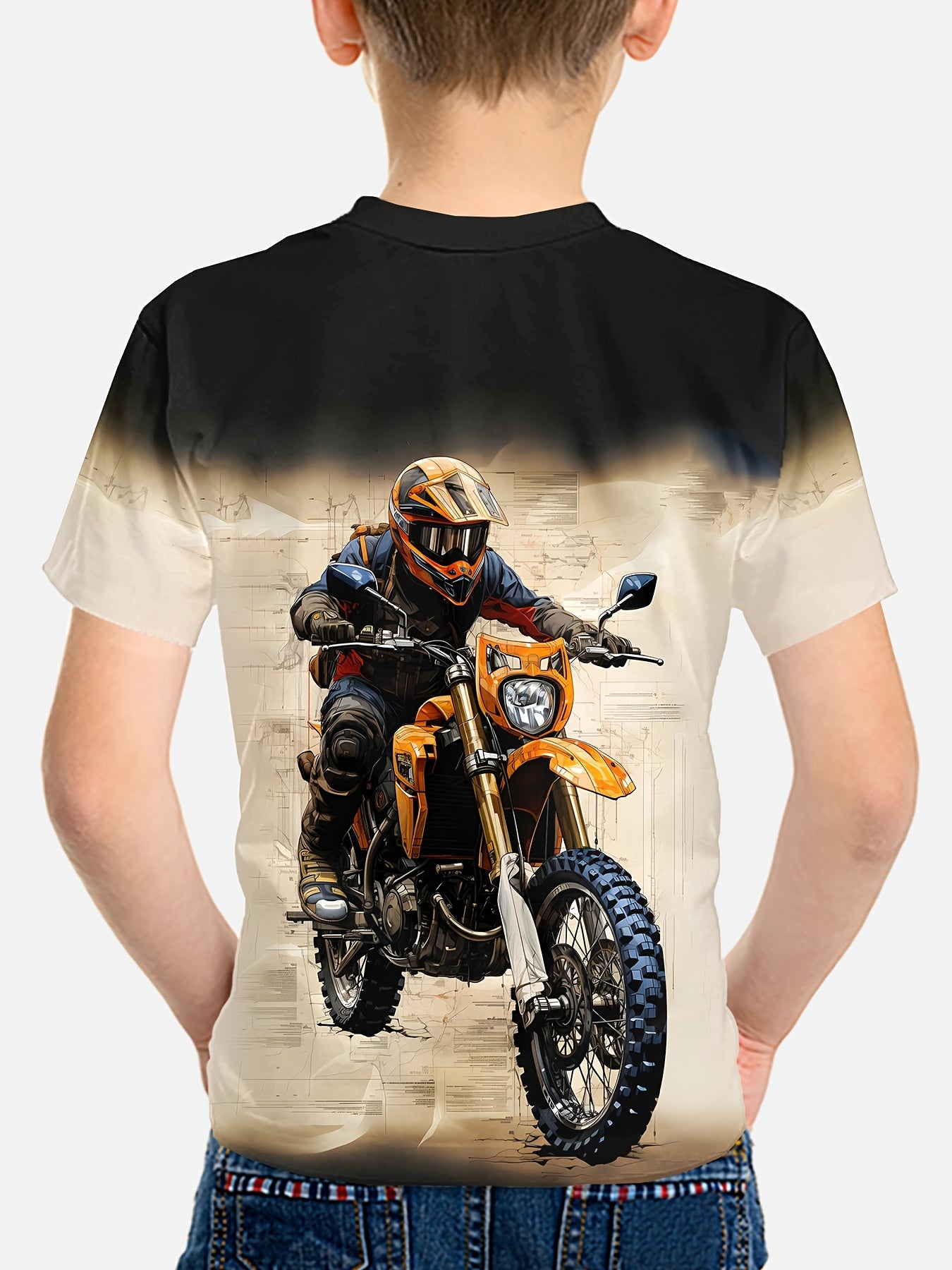 Youth Motocross 3D Printed Tee - Casual Crew Neck Polyester Shirt with Slight Stretch, Summer Motorbike Graphic Top for Under 12