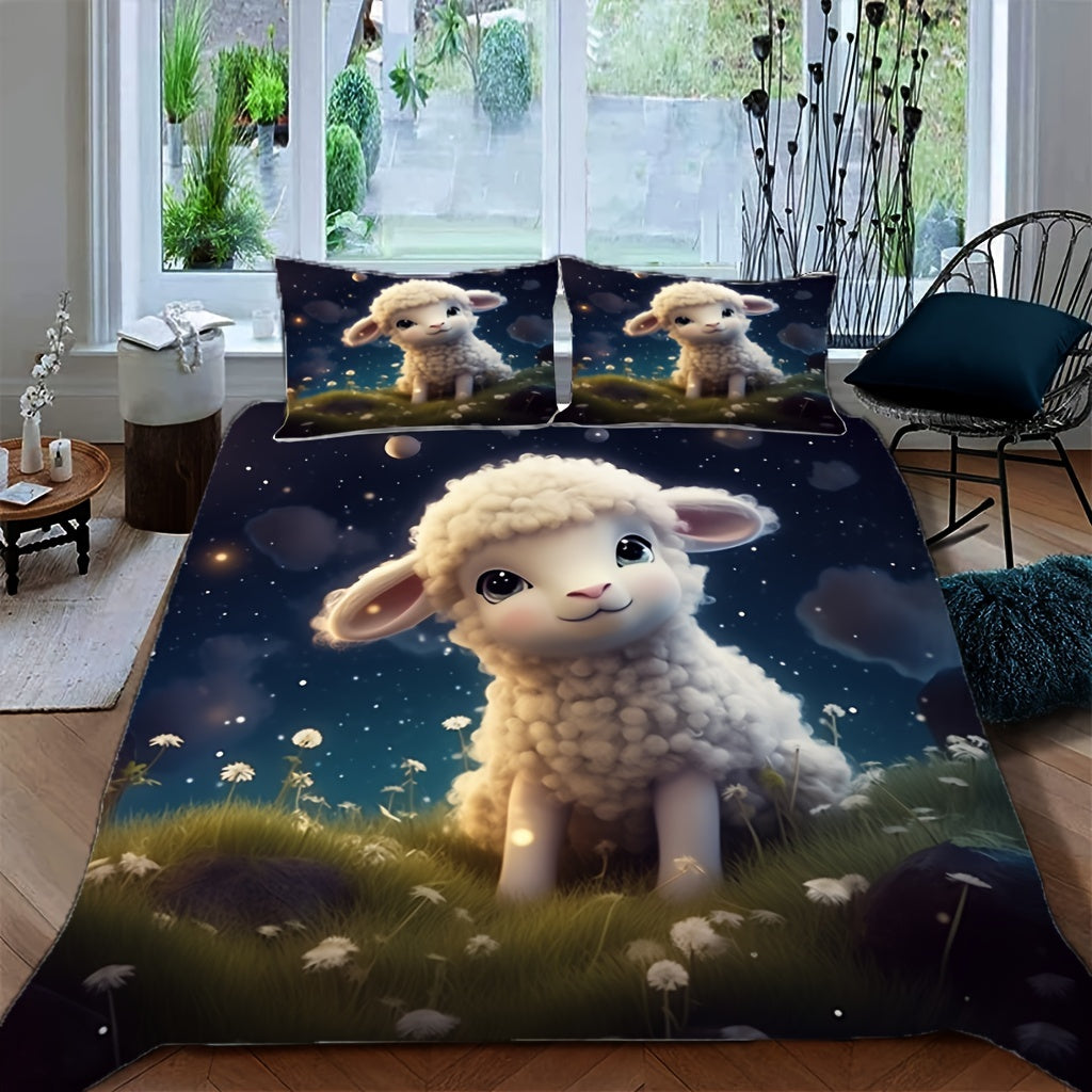 Adorable Cartoon Lamb Duvet Cover Set - Breathable Polyester with Zipper Closure, All-Season Comfort, Digital Print, Sanded Craftsmanship, Machine Washable - Includes 1 Duvet Cover and 1/2 Pillowcases (No Duvet Insert)