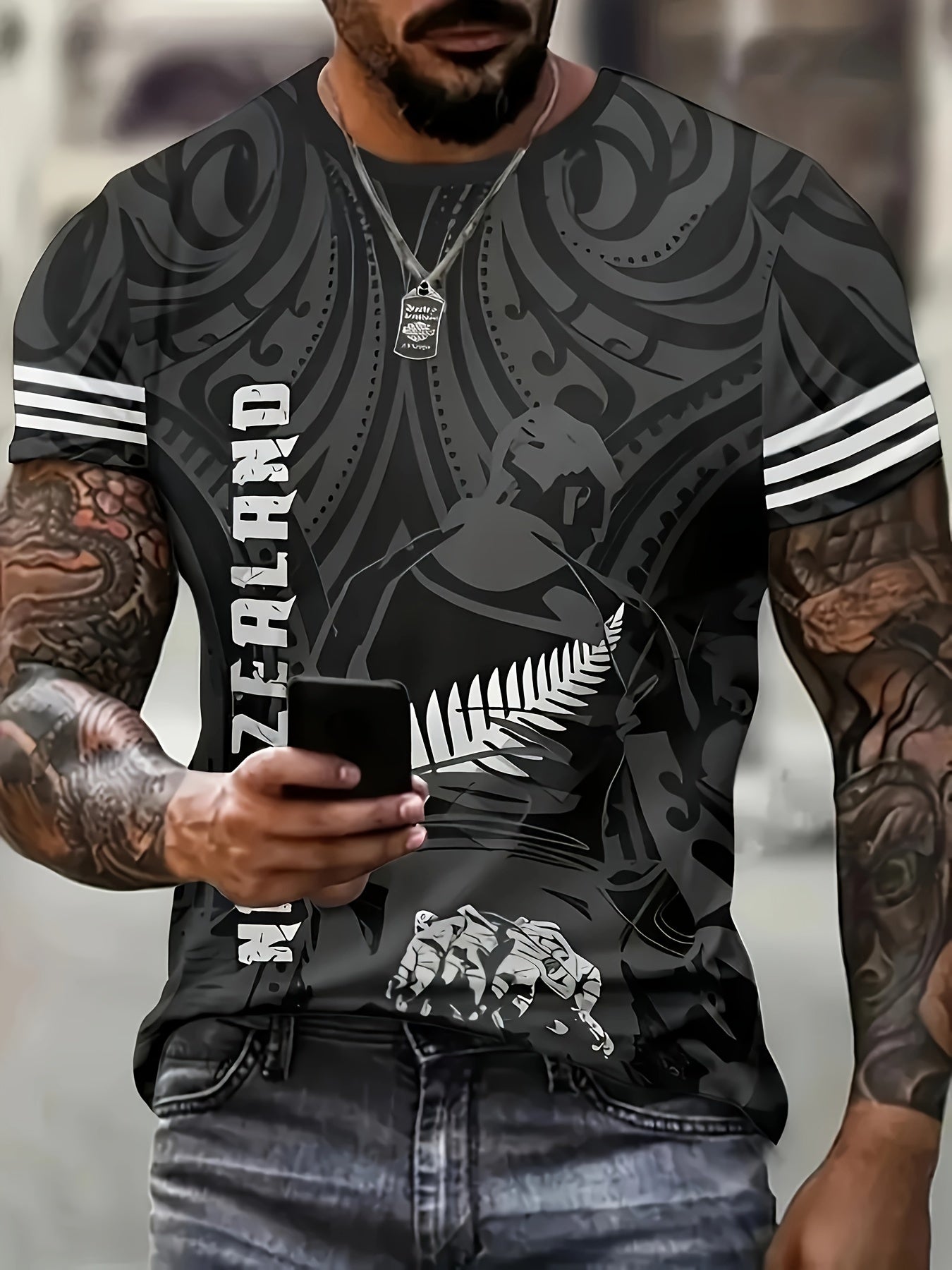 Men's NEW ZEALAND Letter Leaves And People Playing Sports Pattern Print Crew Neck Short Sleeve, Trendy T-shirt For Summer Outdoor Activities