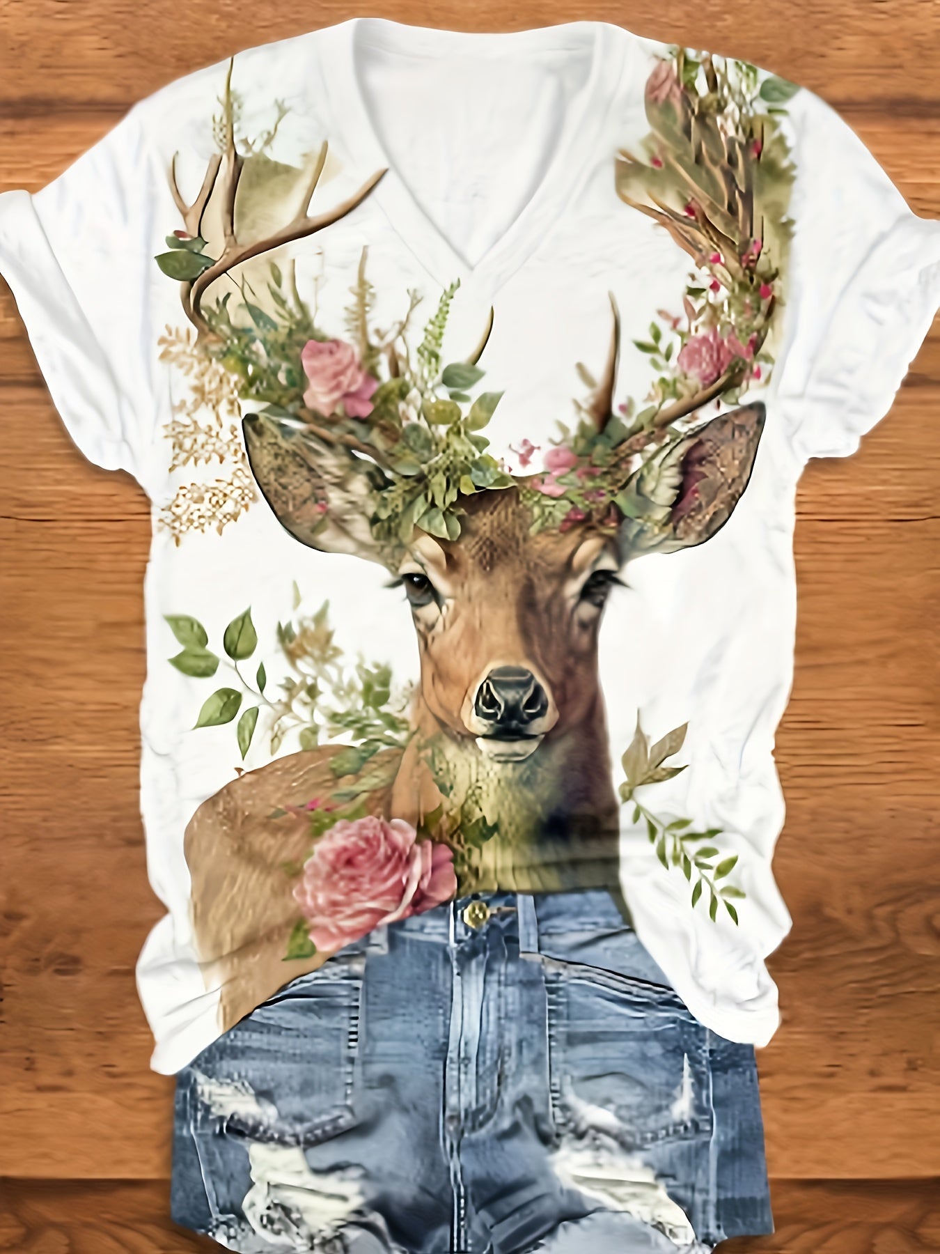 Elegant Plus Size Women's Top with Deer Print - V-Neck, Short Sleeve, Spring/Summer Fashion