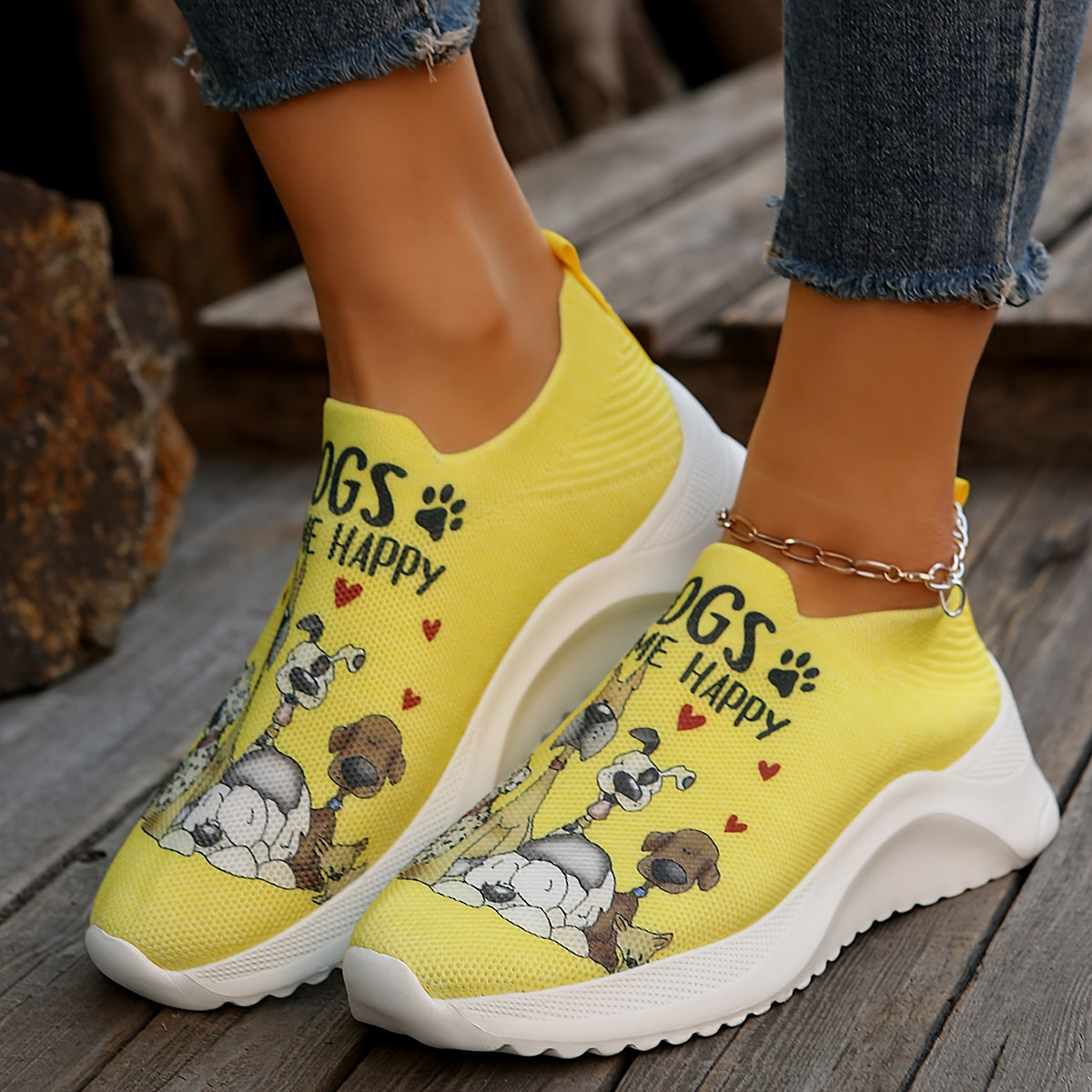 Womens Lightweight Dog Print Sock Sneakers - Breathable Walking Trainers with Soft Slip-On Design - Comfy, Flexible & Fashionable Outdoor Shoes for All-Day Comfort - Adorable Low Top Canine Prints