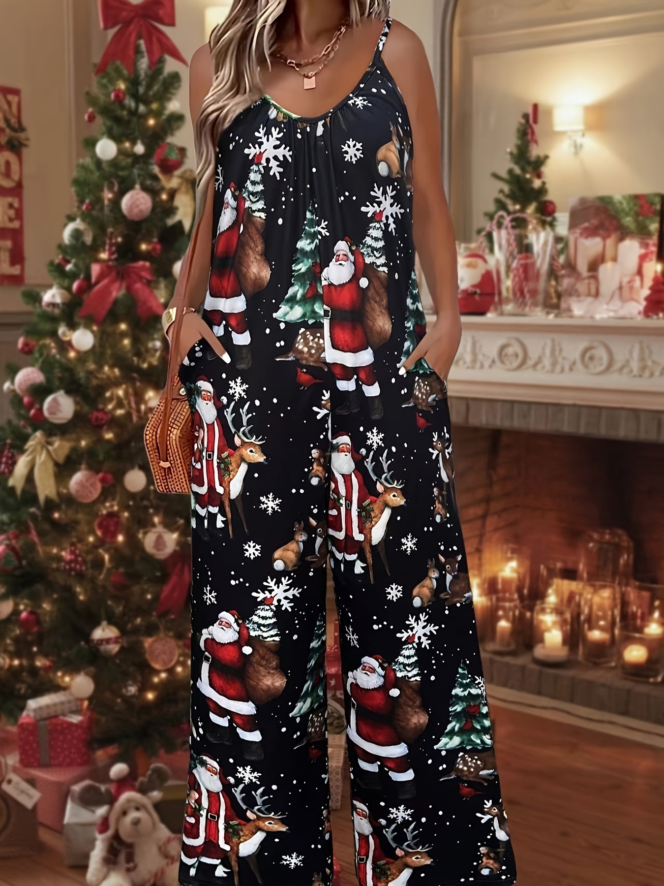 Women's Festive Christmas Jumpsuit with Santa & Reindeer Print, Wide-Leg Cami Style with Pockets - Machine Washable