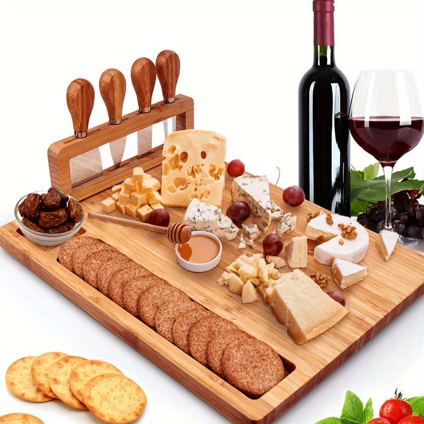 1 Set Premium Wooden Cheese Board Set - Complete with Knife & Fork, Stylish Cutting & Serving Platter for Home Kitchen, Restaurant, and Hotel Use - Durable, Easy to Clean, Perfect for Baking and Entertaining