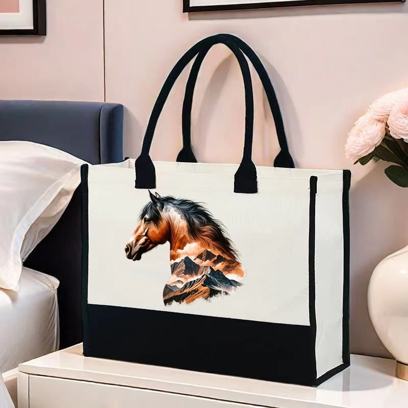 Canvas Tote Bag with Majestic Watercolor Horse Print, Large Capacity Shoulder Handbag for Women, Casual Commuter Bag with No Closure