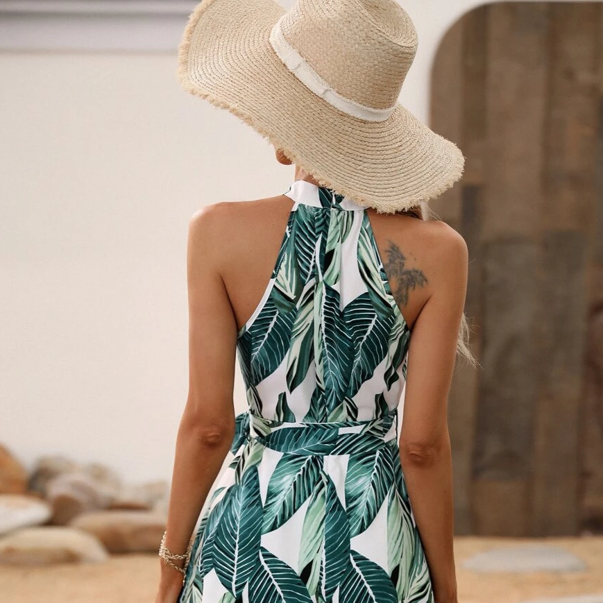Tropical Print Halter Neck Belted Dress