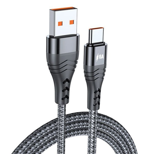 USB Braided 6A 66W Fast Charge Compatible cable - Type C - Black