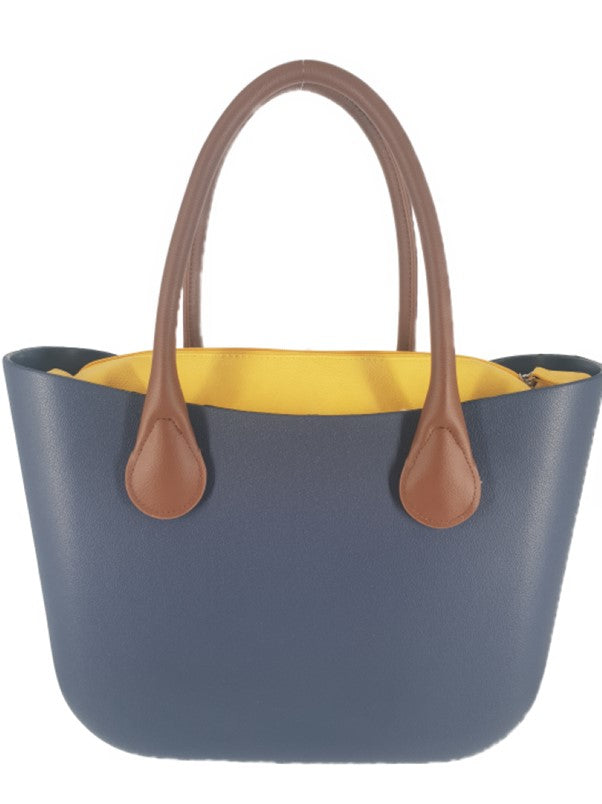 Eva Classic Handbag Navy, PU Leather Yellow Inner, Brown Handles