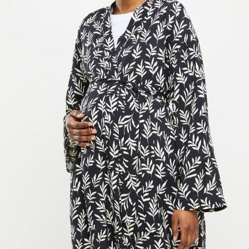 Maternity Woven Belted Night Gown - Black Based Leaves